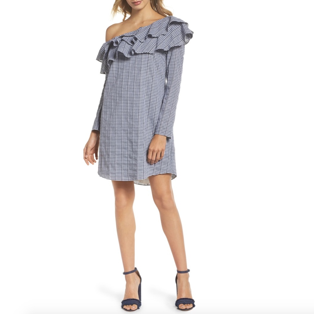 Adelyn Rae Gingham One-Shoulder Ruffle Dress